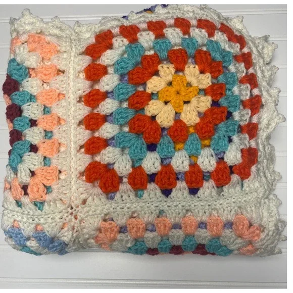 Handmade Crochet Granny Square Colorblock Floral Afghan Small Size Throw Blanket